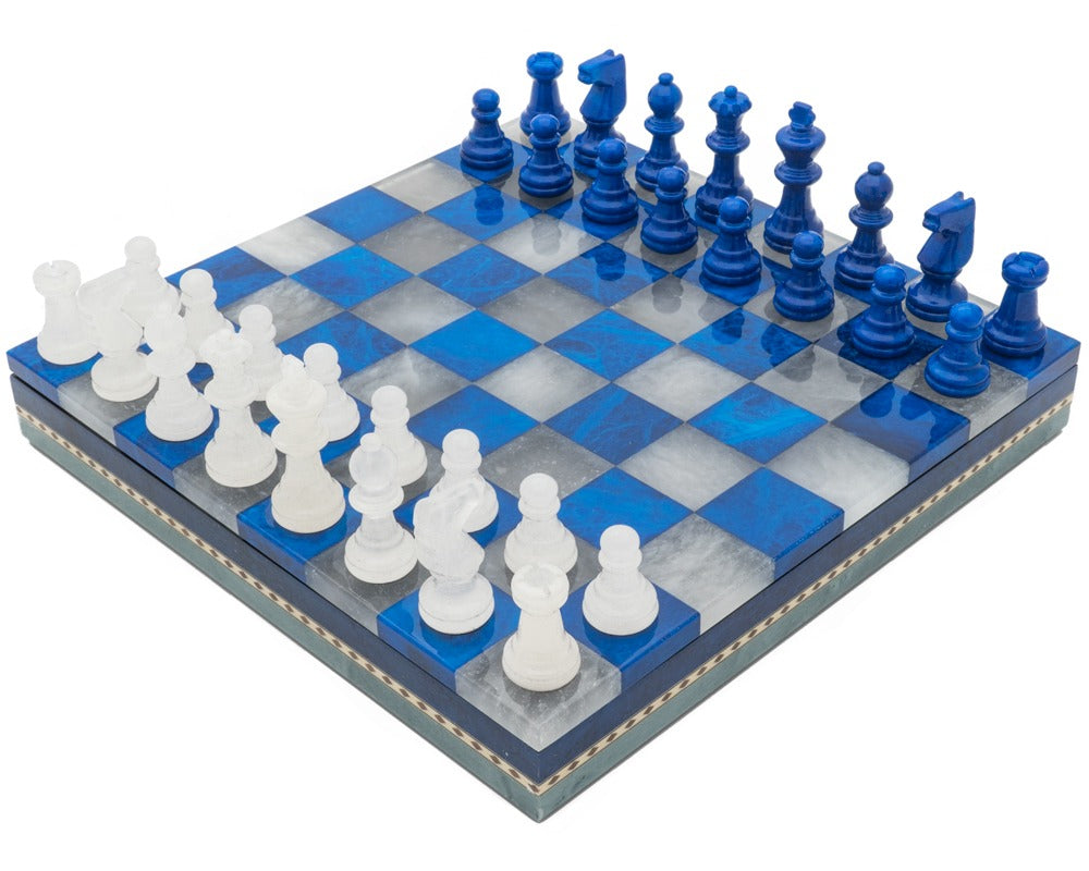 Blue & White Alabaster Chess & Draughts with Inlaid Chest