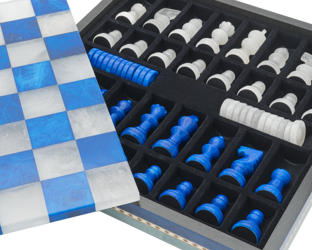 Blue & White Alabaster Chess & Draughts with Inlaid Chest