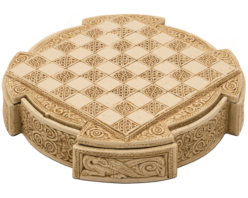 Compact Travel Size Isle Of Lewis Celtic Chess Set 9 Inches in Ivory