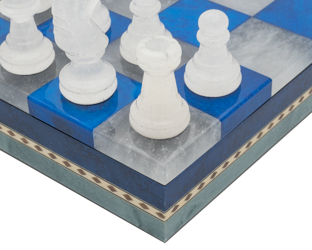 Blue & White Alabaster Chess & Draughts with Inlaid Chest