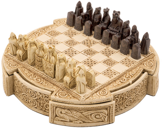 Compact Travel Size Isle Of Lewis Celtic Chess Set 9 Inches in Ivory